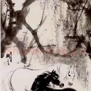 刘旦宅《双马》国画花鸟作品图片鉴赏