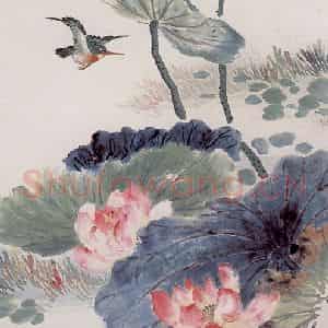 陆抑非《荷花翠鸟》国画花鸟作品图片鉴赏