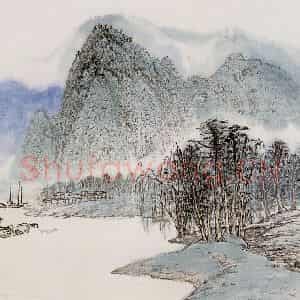 亚明《江岸泊舟》国画山水作品图片鉴赏