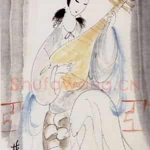林风眠《琵琶仕女》国画人物作品图片鉴赏