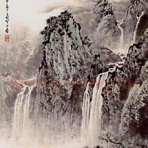 应野平《白云飞瀑争奇秀》国画山水作品图片鉴赏