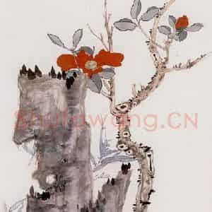 谢稚柳《茶花翠竹》国画花鸟作品图片鉴赏