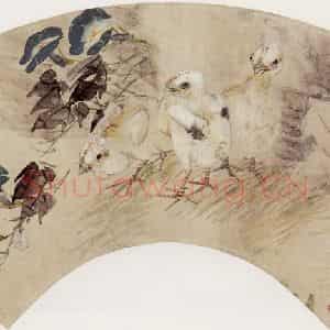 清代 任伯年《秋花小鸡扇页》国画花鸟作品图片鉴赏