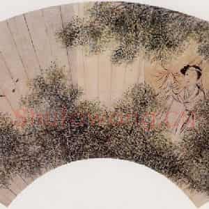 清代 任预《惜花春起早扇页》国画人物作品图片鉴赏