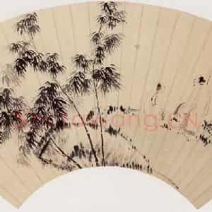 近现代 张大千《竹趣图扇页》国画花鸟作品图片鉴赏