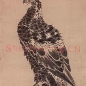 明代 无款《苍鹰柱石图轴》国画花鸟作品图片鉴赏
