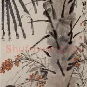 约20年代初期 齐白石《棕树公鸡》国画花鸟作品图片鉴赏