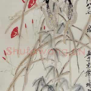 1947年 齐白石《玉米牵牛花虫》国画花鸟作品图片鉴赏