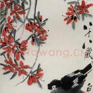 1948年 齐白石《桃花八哥》国画花鸟作品图片鉴赏