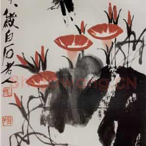 1948年 齐白石《牵牛花·蜻蜓》国画花鸟作品图片鉴赏