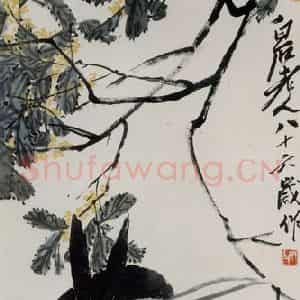 1946年 齐白石《桂花双兔》国画花鸟作品图片鉴赏