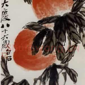 1946年 齐白石《双桃》国画花鸟作品图片鉴赏