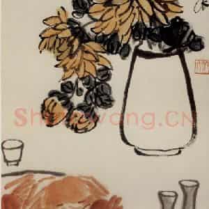 约40年代中期 齐白石《菊蟹酒盏图》国画花鸟作品图片鉴赏