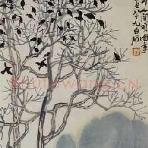 1949年 齐白石《古树归鸦图》国画花鸟作品图片鉴赏