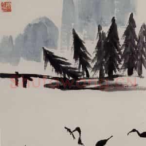1949年 齐白石《山水鸬鹚》国画花鸟作品图片鉴赏