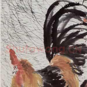 齐白石《柳荫公鸡》国画花鸟作品图片鉴赏