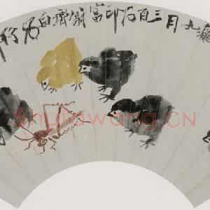 1950年 齐白石《雏鸡草虫》国画花鸟作品图片鉴赏