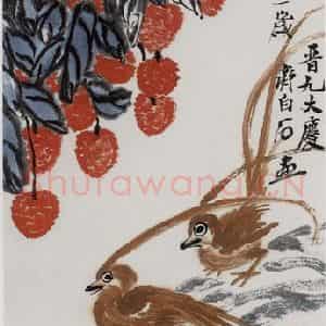 1951年 齐白石《荔枝绶带》国画花鸟作品图片鉴赏