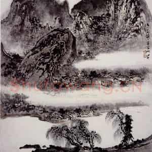 孔仲起《停云叆叆万家炊》国画山水作品图片鉴赏