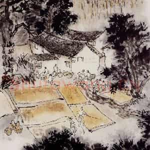 孔仲起《山村秋收时》国画山水作品图片鉴赏