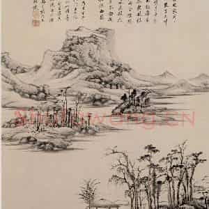 清代 王鉴《仿倪瓒溪亭山色图轴》国画山水作品图片鉴赏