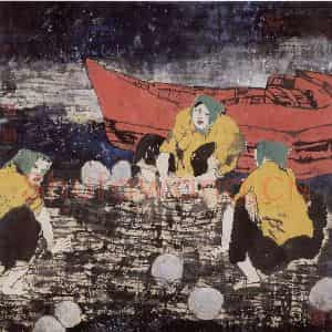 1993年 张道兴《渔家编织》国画人物作品图片鉴赏