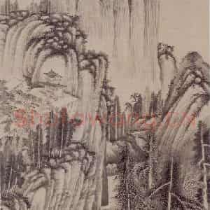 1653年 王翚《仿巨然山水轴》国画山水写意作品图片鉴赏