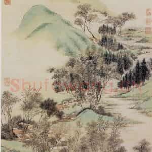 1706年 王翚《仿赵孟頫江村清下图轴》国画山水写意作品图片鉴赏
