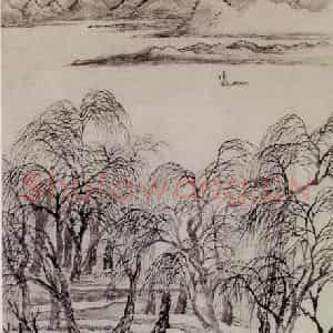 1710年 王翚《柳岸江舟图轴》国画山水写意作品图片鉴赏