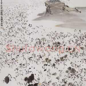1989年 亚明《留得残荷听雨声》国画山水作品图片鉴赏