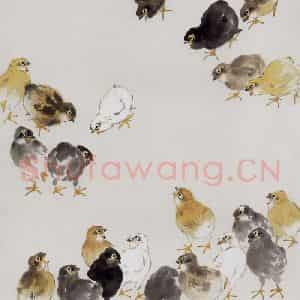 1990年 萧朗《群雏》国画花鸟写意作品图片鉴赏