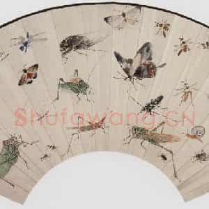 1997年 萧朗《草虫扇面》国画花鸟写意作品图片鉴赏