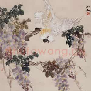 1985年 萧朗《葵花鹦鹉》国画花鸟写意作品图片鉴赏