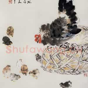1986年 萧朗《教子图》国画花鸟写意作品图片鉴赏