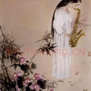 1995年 冯远《四季.吹奏萨克斯管的女子》国画人物作品图片鉴赏