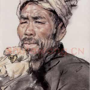 1976年 卢沉《人物写生-工地老英雄》国画人物作品图片鉴赏