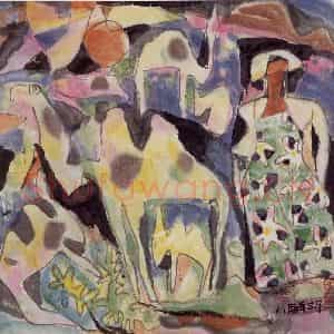 1986年 卢沉《草原落日》国画人物作品图片鉴赏