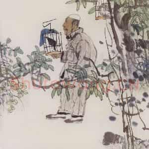 1990年 卢沉《鸣禽图》国画人物作品图片鉴赏