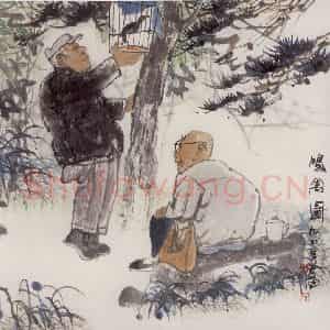 1990年 卢沉《鸣禽图》国画人物作品图片鉴赏
