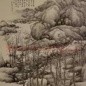 清代 龚贤《木叶丹黄图轴》国画山水作品图片鉴赏