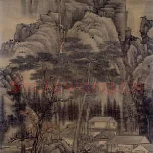 清代 高岑《松窗飞瀑图轴》国画山水作品图片鉴赏