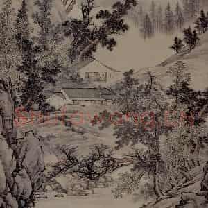清代 邹喆《山阁谈诗图轴(局部)》国画山水作品图片鉴赏