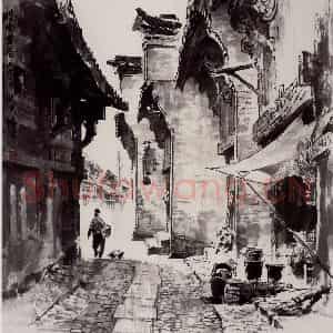 2001年 王绪阳《皖南古巷》国画人物作品图片鉴赏