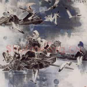 1986年 王绪阳《蓝色田野》国画人物作品图片鉴赏