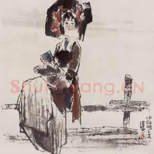 1990年 王绪阳《湖畔》国画人物作品图片鉴赏