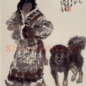 张广《捻羊毛的藏女》国画人物作品图片鉴赏