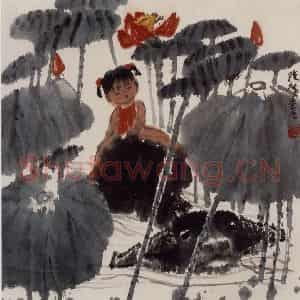现代 张广《河塘浴牛图》国画综合作品图片鉴赏