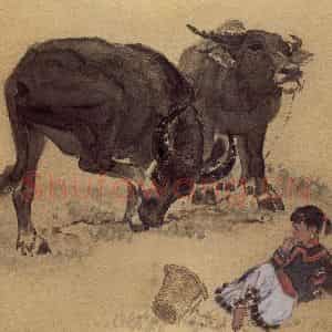现代 张广《女孩与牛》国画综合作品图片鉴赏