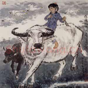 现代 张广《河塘牧歌》国画综合作品图片鉴赏