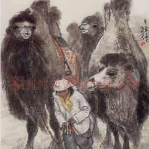 现代 张广《牧驼老妪》国画综合作品图片鉴赏